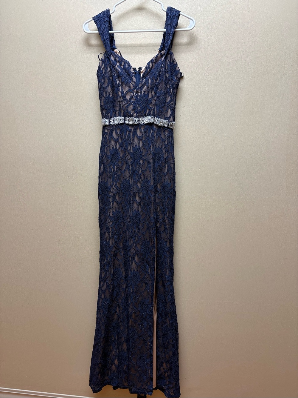 City Triangles Navy Lace Prom Dress with Rhinestone Waist